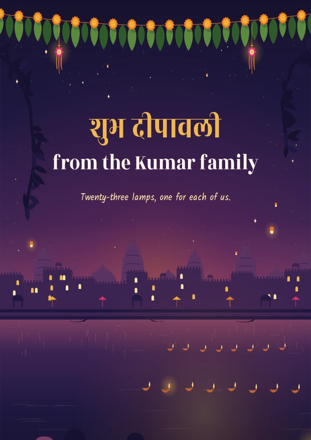 The Diwali storybook's cover page: 'शुभ दीपावली from the Kumar family' over a night ghat in cut paper, with a lit diya on the water for every person in the family and lanterns strung overhead.