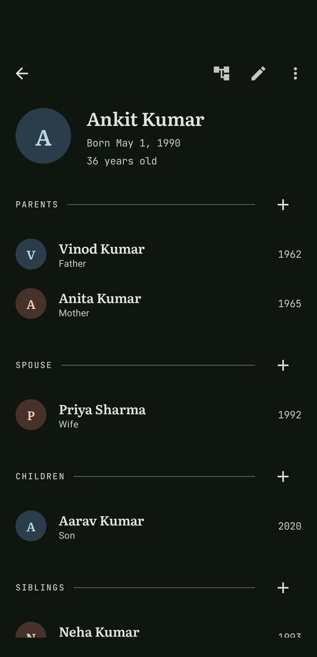 The same person screen in dark mode, in deep green and bone.